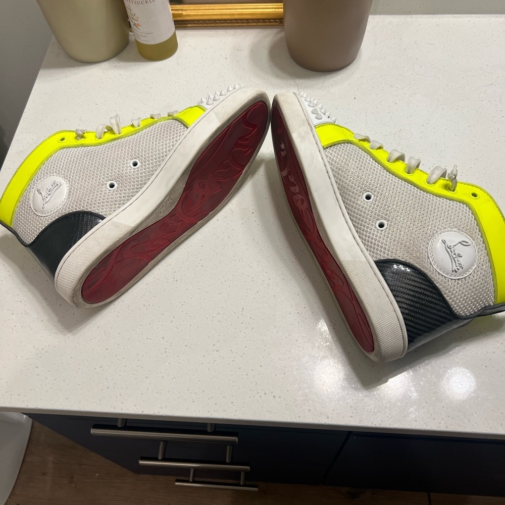 Christian Louboutin White, Neon Yellow & Black High-Top Sneakers